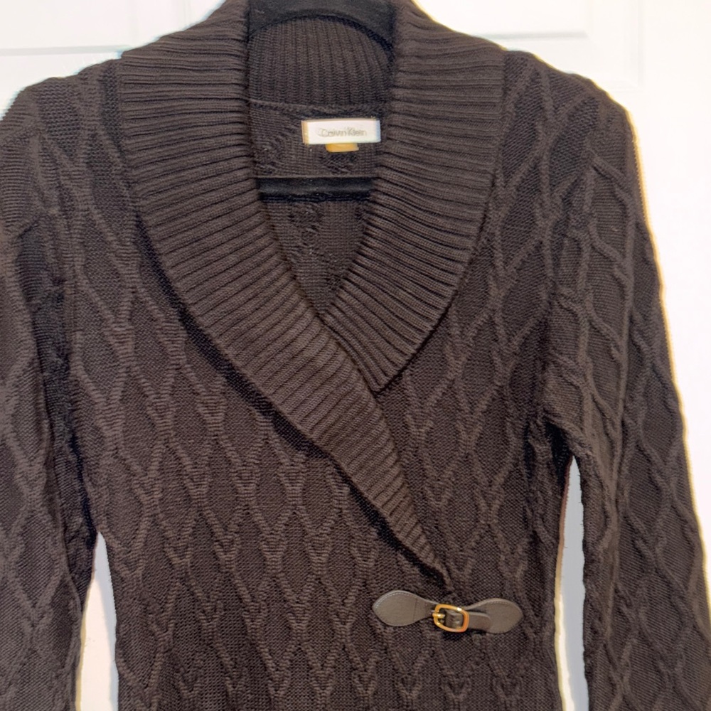 Calvin Klein Cable Knit Shawl Collar Buckle Sweater Dress M - Picture 5 of 16